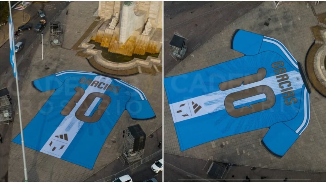 Homenaje a Lionel Messi en Rosario: despliegan una camiseta gigante con luces para un mapping frente al Monumento a la Bandera